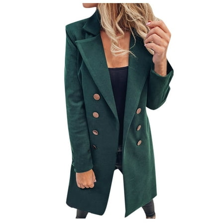 

LBECLEY Jacket with Zipper for Women Woman Artificial Wool Coat Elegant Blend Slim Female Long Coat Double Long Sleeve Lapel Outerwear Code Happy Scrub Jacket Green S