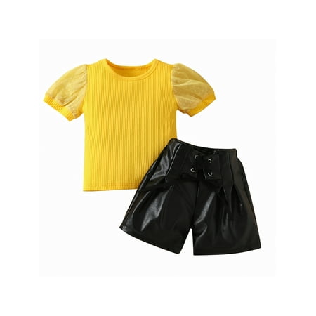 Suanret 2Pcs Toddler Kids Girl Summer Shorts Outfits Mesh Short Sleeve Ribbed Tops Faux Leather Shorts Clothes Set Yellow 2-3 Years
Suanret 2Pcs Toddler Kids Girl Summer Shorts Outfits Mesh Short Sleeve Ribbed Tops Faux Leather Shorts Clothes Set Yellow 2-3 Years