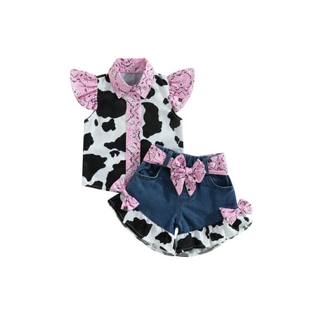 Kids Girl Summer Outfits Cow Print Turn-Down Collar Fly Sleeve Tops Bow Denim Shorts with Belt 2Pcs Clothes Set
Kids Girl Summer Outfits Cow Print Turn-Down Collar Fly Sleeve Tops Bow Denim Shorts with Belt 2Pcs Clothes Set