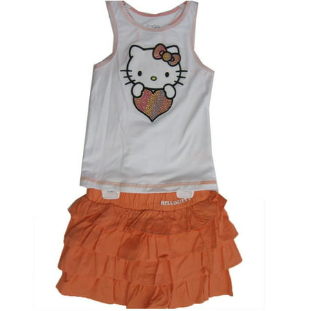 Hello Kitty Little Girls White Orange Studded Heart Tiered 2 Pc Skirt Outfit 4-6X