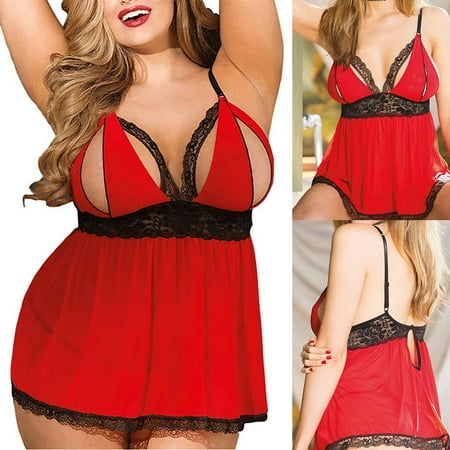 Cotonie Women Plus Size Lace Mesh Lingerie Red Babydoll Lace Split Cup Sleepwear Set