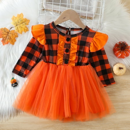 Toddler Girls Long Sleeve Ruffles Dresses Plaid Prints Tulle Princess Dress
