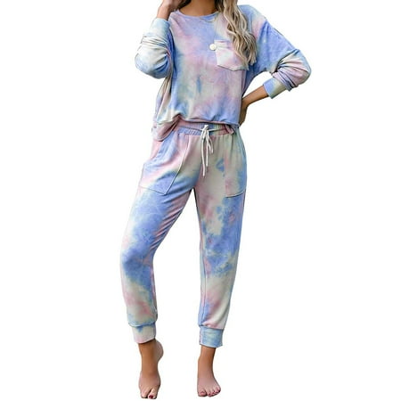 Women s Spring Autumn Tie Dye Pajamas Set Long Sleeve Pajamas Soft Casual Homewear