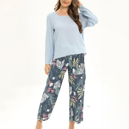 XIAOFFENN Women s Round- Neck Pajamas Long Sleeve Household Sets