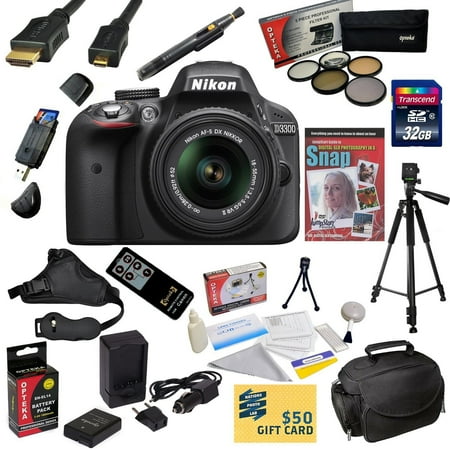 Nikon D3300 Digital SLR Camera with 18-55mm NIKKOR VR II Lens With 32GB SDHC Card, Battery, Charger, 5 PC Filter, HDMI Cable, Case, Remote, Tripod, Grip Strap, Cleaning Kit, DVD, $50 Gift Card, More Nikon D3300 Digital SLR Camera with 18-55mm NIKKOR VR II Lens With 32GB SDHC Card, Battery, Charger, 5 PC Filter, HDMI Cable, Case, Remote, Tripod, Grip Strap, Cleaning Kit, DVD, $50 Gift Card, More