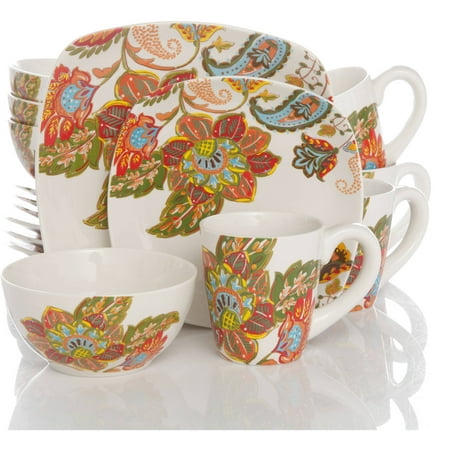 Better Homes and Gardens Floral Spray 16-Piece Square Dinnerware Set, Multi-Color
