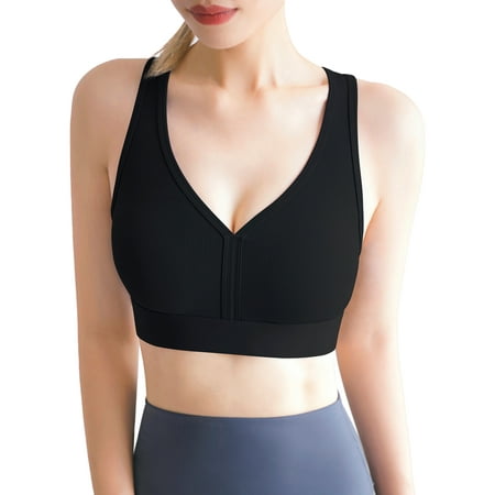 Suzicca Women Yoga Bra Sports Ribbed V Neck Workout Jogging Wirefree Casual Vest