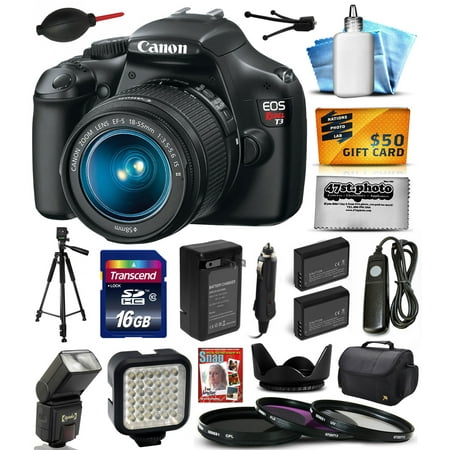 Canon EOS Rebel T3 (1100D) Digital SLR Camera with EF-S 18-55mm f\/3.5-5.6 IS Lens with 16GB Memory + Case + Tripod + Flash + LED Light + Two Batteries + Filters + DVD + Remote + $50 Gift Card 5157B002 Canon EOS Rebel T3 (1100D) Digital SLR Camera with EF-S 18-55mm f\/3.5-5.6 IS Lens with 16GB Memory + Case + Tripod + Flash + LED Light + Two Batteries + Filters + DVD + Remote + $50 Gift Card 5157B002