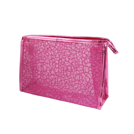 Rectangle Shaped Fuchsia Glittery Mesh Cosmetic Makeup Bag Holder for Lady Women