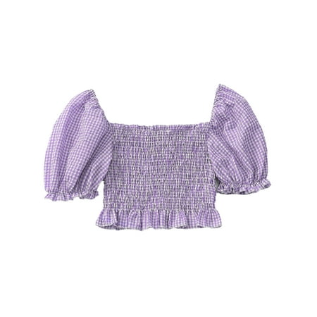 Women s Square Neck Puff Sleeve Gingham Shirred Top Lilac Purple S