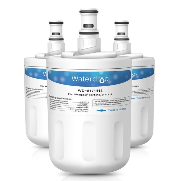 3 Pack Waterdrop 8171413 Refrigerator Water Filter Fits Whirlpool 8171413, 8171414, EDR8D1, 469002