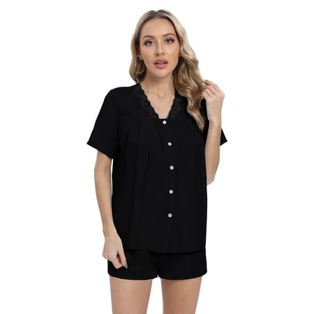 WBQ Womens Lace V Neck Pajamas Set Spring Short Sleeve Button-Down Sleepwear Solid Color Pj Sets 2 Piece Loungewear
WBQ Womens Lace V Neck Pajamas Set Spring Short Sleeve Button-Down Sleepwear Solid Color Pj Sets 2 Piece Loungewear
