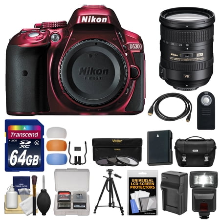 Nikon D5300 Digital SLR Camera Body (Red) with 18-200mm VR II Zoom Lens + 64GB Card + Case + Flash + Battery\/Charger + Kit