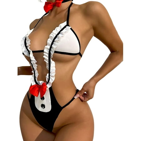 LilyLLL Womens Maid Role Play Costume Bobysuit Deep V Neck Lingerie Nightwear