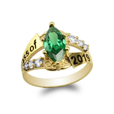 10K Yellow Gold Graduation Class of 2019 School Ring with 1.25ct Green Marquise CZ Size 4-10