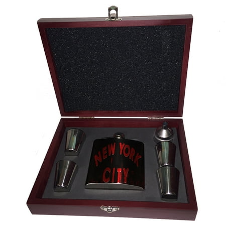 

KuzmarK 6 oz. Stainless Steel Flask Set in Rose Wood Presentation Box - New York City Skyline Red