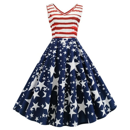 Hvyesh Womens Summer Dresses 2023 Plus Size Beach A Line Dress Red White and Blue Print V Neck Sundresses Sleeveless Flowy Dresses Navy