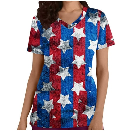 

VEKDONE USA Flag Stars & Stripes Scrubs Top Women V Neck Short Sleeve Tees Shirt 4th of July Patriotic Graphic Tshirt S M L XL XXL XXXL