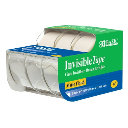 BAZIC InvisibleTape w/ Dispenser 3/4 X 500 Matte Finish (3/Pack) 1-Pack