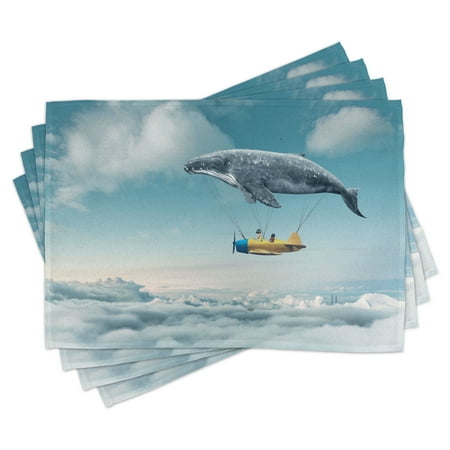 

Whale Placemats Set of 4 Dreamy View Of Whale And Aeroplane Fantasy Landscape Cloudy Sky Image Washable Fabric Place Mats for Dining Room Kitchen Table Decor Pale Blue Yellow White by Ambesonne