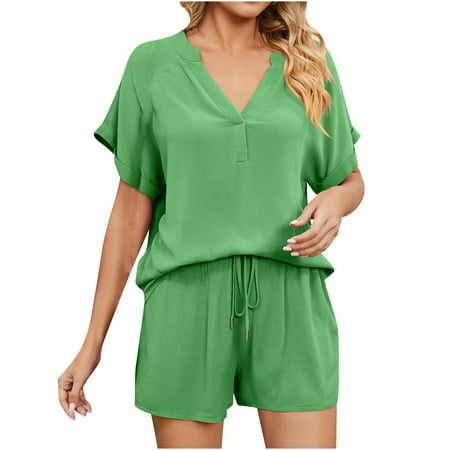 Women 2 Piece Lounge Set Short Sleeve V-neck Top and Shorts Pajamas Sets Soft Loose Sleepwear Pjs with Pockets
Women 2 Piece Lounge Set Short Sleeve V-neck Top and Shorts Pajamas Sets Soft Loose Sleepwear Pjs with Pockets