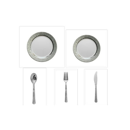 Hammered Collection Clear w/Silver Hammered Border China-Like Plastic 9 Dinner Plates + 7 Salad Plates + Cutlery *Party for 20*