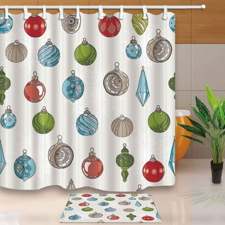 BPBOP Vector Christmas Balls for New Year Decor Shower Curtain 66x72 inches with Floor Doormat Bath Rugs 15.7x23.6 inches