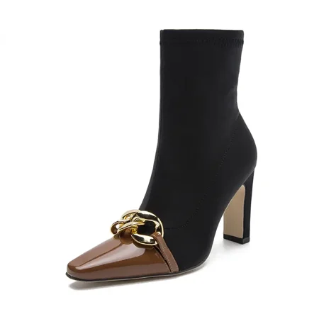 Women‘s Pointed Toe Short Boots Block High Heel With Metal Decoration Shoes Women‘s Footwear
