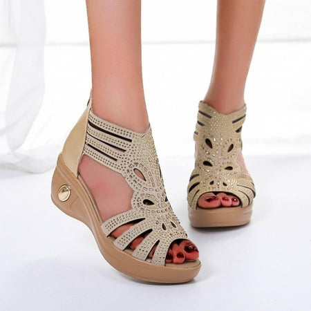 VerPetridure Summer Sandals For Women Wedge Slip On Sandals Crystal Hollow Roman Shoes Open Toe Casual Sandals