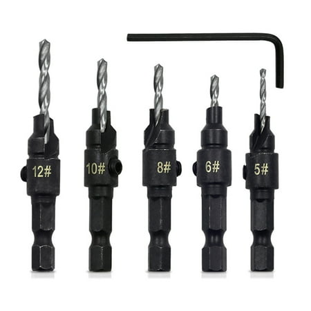 5Pcs 5 Flutes Carpentry Countersink Drill Bit Set 1/4 Hexagonal Shank HSS A