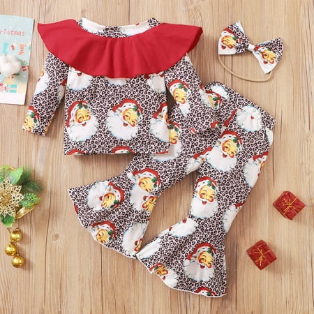 Christmas Toddler Baby Girls Long Sleeve Christmas Xmas Cartoon Santa Leopard Printed Tops Flare Pants Outfits