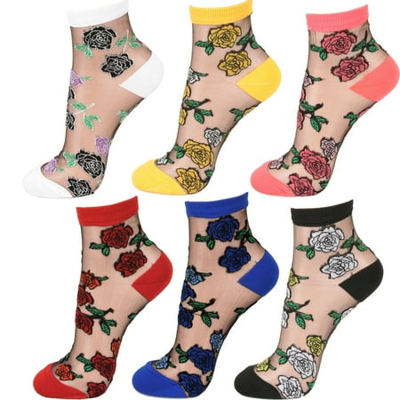 Women Mesh Transparent sheer casual ankle high socks (Rose - 6Pair)