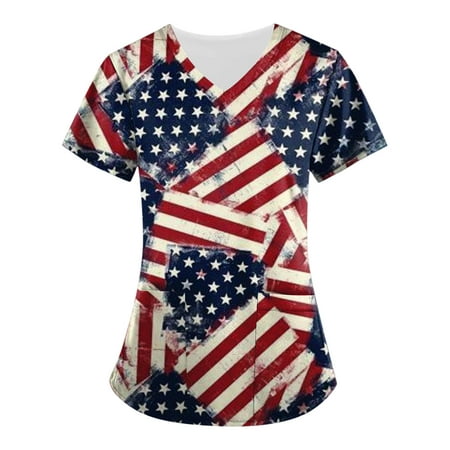 

Black Scrubs Tops For Women Stretch 4Th Of July Casual V-Neck Short Sleeve Top Independence Day American Flag Print Nursing Work Clothes