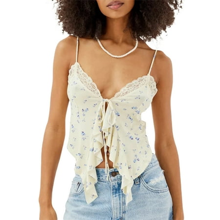 Women s Sleeveless V Neck Irregular Ruffle Bustier Tie Up Crop Tops