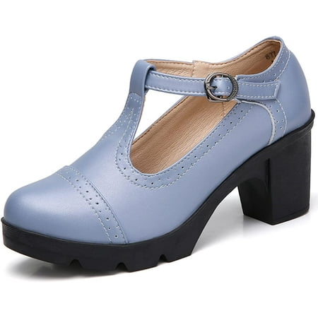 Women s Classic T-Strap Platform Mid-Heel Square Toe Oxfords Dress Shoes