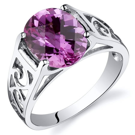 Peora 3.50 Ct Created Pink Sapphire Engagement Ring in Rhodium-Plated Sterling Silver