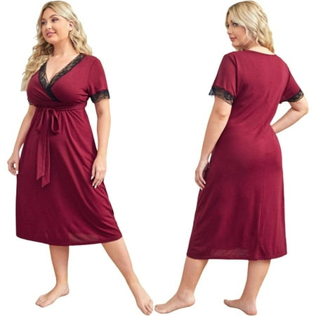 Womens Lace Nightgown Sleepshirt V-neck Sleepwear Nightshirt Loose Sleep Dress Short Sleeve Nightdress Loungewear with Belt Plus Size XL-5XL
Womens Lace Nightgown Sleepshirt V-neck Sleepwear Nightshirt Loose Sleep Dress Short Sleeve Nightdress Loungewear with Belt Plus Size XL-5XL