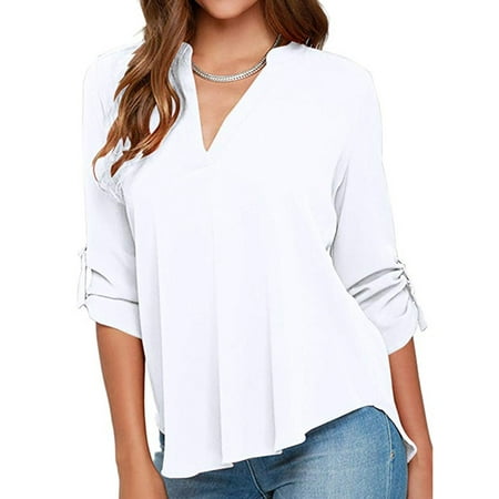 Fashion V-Neck Chiffon Blouse Tops for Womens Long Sleeve T-Shirt Casual Blouse Loose Fit T-shirt Black/White/Grey