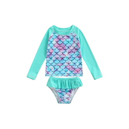 Caitzr Baby Girls Bikini Set Mermaid Print Long Sleeve Tops and Ruffles Shorts Swimsuit