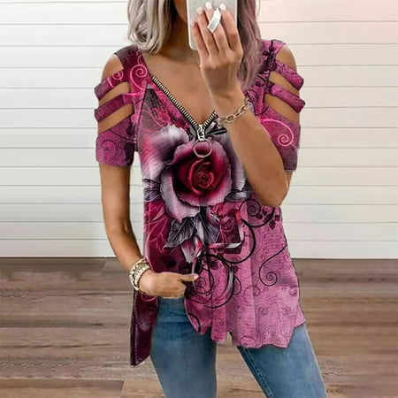Womens Hollow Short Sleeve T-Shirts Elegant Zipper V Neck Ruffle Hem Vintage Print Blouses Loose Fit Summer Tunic Tops
Womens Hollow Short Sleeve T-Shirts Elegant Zipper V Neck Ruffle Hem Vintage Print Blouses Loose Fit Summer Tunic Tops