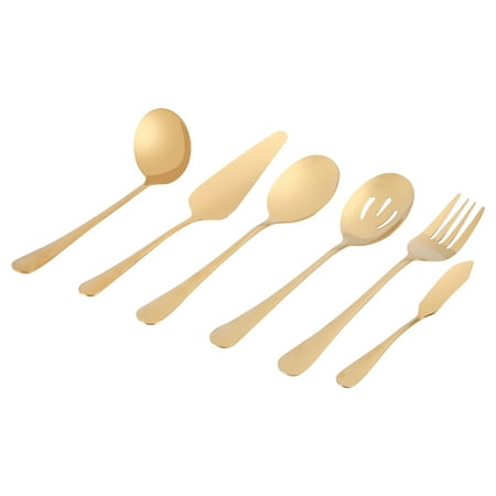 6-Piece Serving Flatware Silverware Set Serving Utensil Set Include Cake Server Slotted Serving Spoon Gold