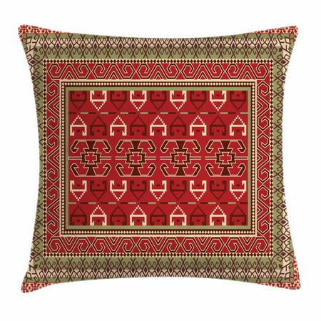 Turkish Pattern Throw Pillow Cushion Cover, Rectangular Frames and Abstract Shapes with Ottoman Origins, Decorative Square Accent Pillow Case, 24 X 24 Inches, Ruby Pistachio Green Brown, by Ambesonne