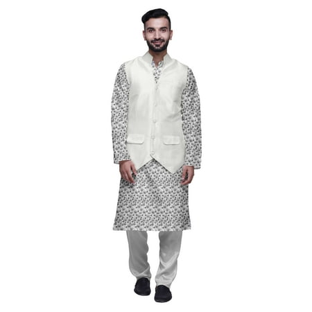 Atasi Traditional Printed Kurta Churidar Pajama Set With Nehru Jacket For Men