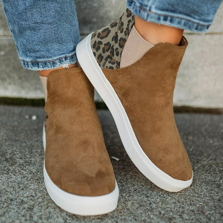 Ladies Fashion Leopard Print Panel Suede Retro Comfortable Flat Casual Shoes