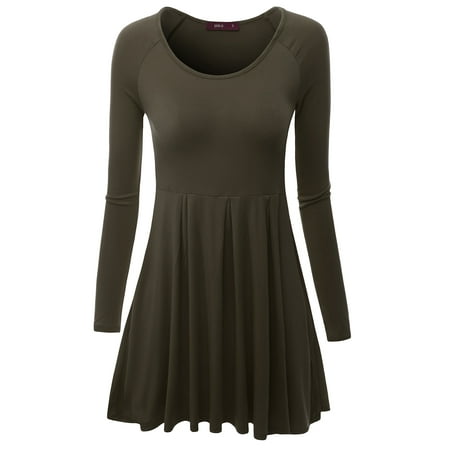 Doublju Long Raglan Sleeve Scoop Neck Flare Tunic Dress Top For Women With Plus Size OLIVE L