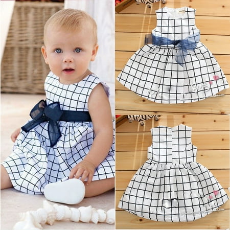 Baby Toddler Girl Kid Plaids Bownot Dress Outfit Pricess Clothes Dress Blue+Whit