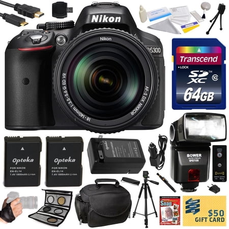 Nikon D5300 24.2 MP CMOS Digital SLR Camera with 18-140mm f\/3.5-5.6G ED VR AF-S DX NIKKOR Zoom Lens (Black) (13303) with 64GB SD Memory Card, Tripod, Case, HDMI Cable, (2) Extra Battery and More Nikon D5300 24.2 MP CMOS Digital SLR Camera with 18-140mm f\/3.5-5.6G ED VR AF-S DX NIKKOR Zoom Lens (Black) (13303) with 64GB SD Memory Card, Tripod, Case, HDMI Cable, (2) Extra Battery and More