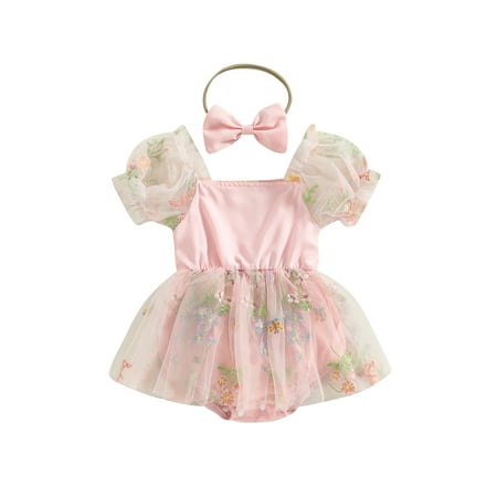 

One opening 2 Pcs Baby Girl Summer Playsuits Outfits Short Puff Sleeve Floral Tulle Romper Dress with Headband Sets