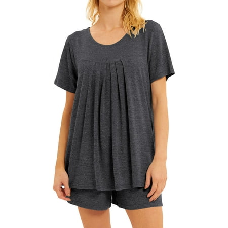 HUBERY Women Pleated Round Neck Short Sleeve Solid Color Pajama Set 
HUBERY Women Pleated Round Neck Short Sleeve Solid Color Pajama Set