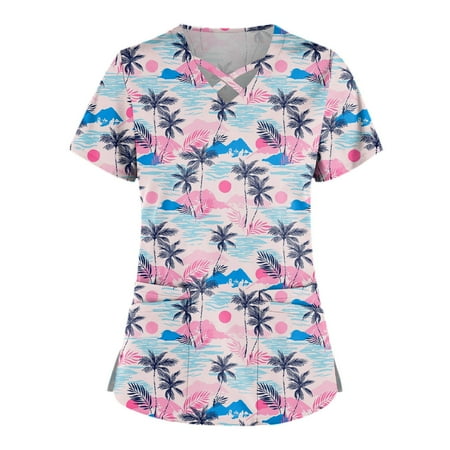 QAZXD Womens Summer Tops Floral V-Neck Short Sleeve Scrub Tops with Two Pockets T-shirts Purple M
